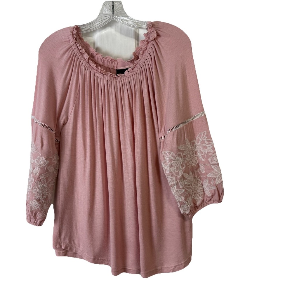 LIV‎ LOS ANGELES Pink Embroidered 3/4 Sleeve Blouse Pink Sz S Cottage Core Flowy